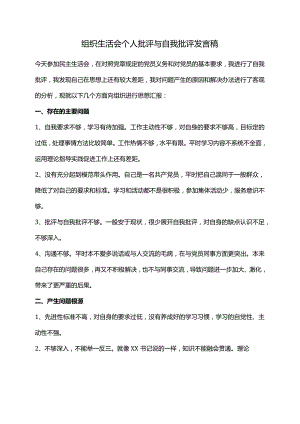 组织生活会个人批评与自我批评发言稿.docx