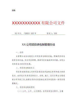 XX公司项目承包制管理办法（专业完整模板）.docx