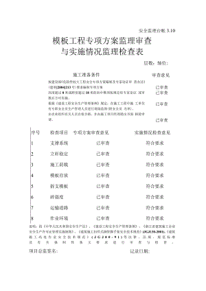 [监理资料][安全监理台账]模板工程专项方案监理审查与实施情况监理检查表.docx