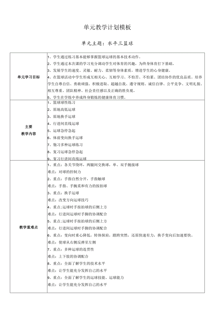 【新课标】水平三（五年级）体育与健康《篮球》大单元教学计划.docx_第1页