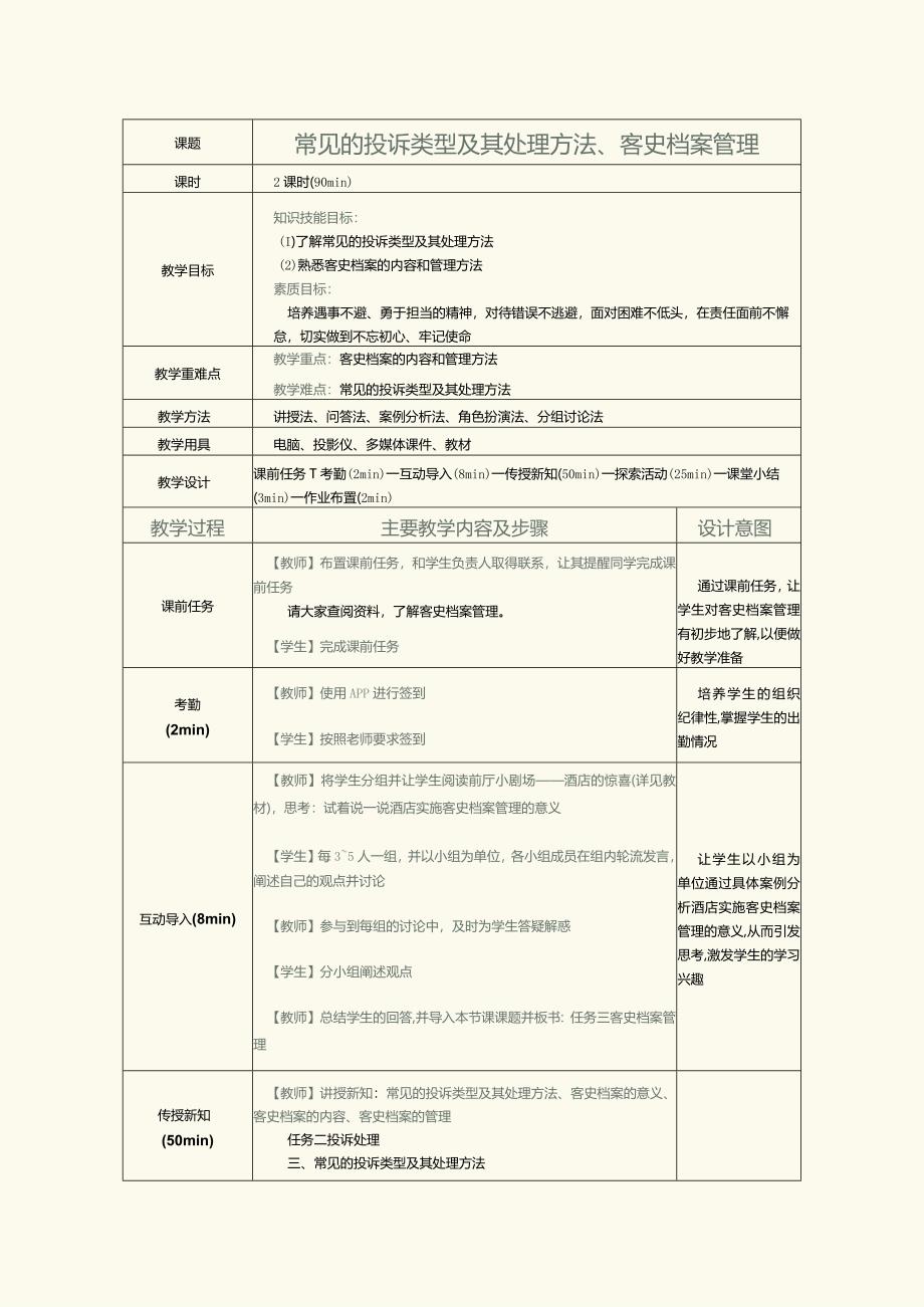 《前厅服务与管理》教案第15课常见的投诉类型及其处理方法、客史档案管理.docx_第1页