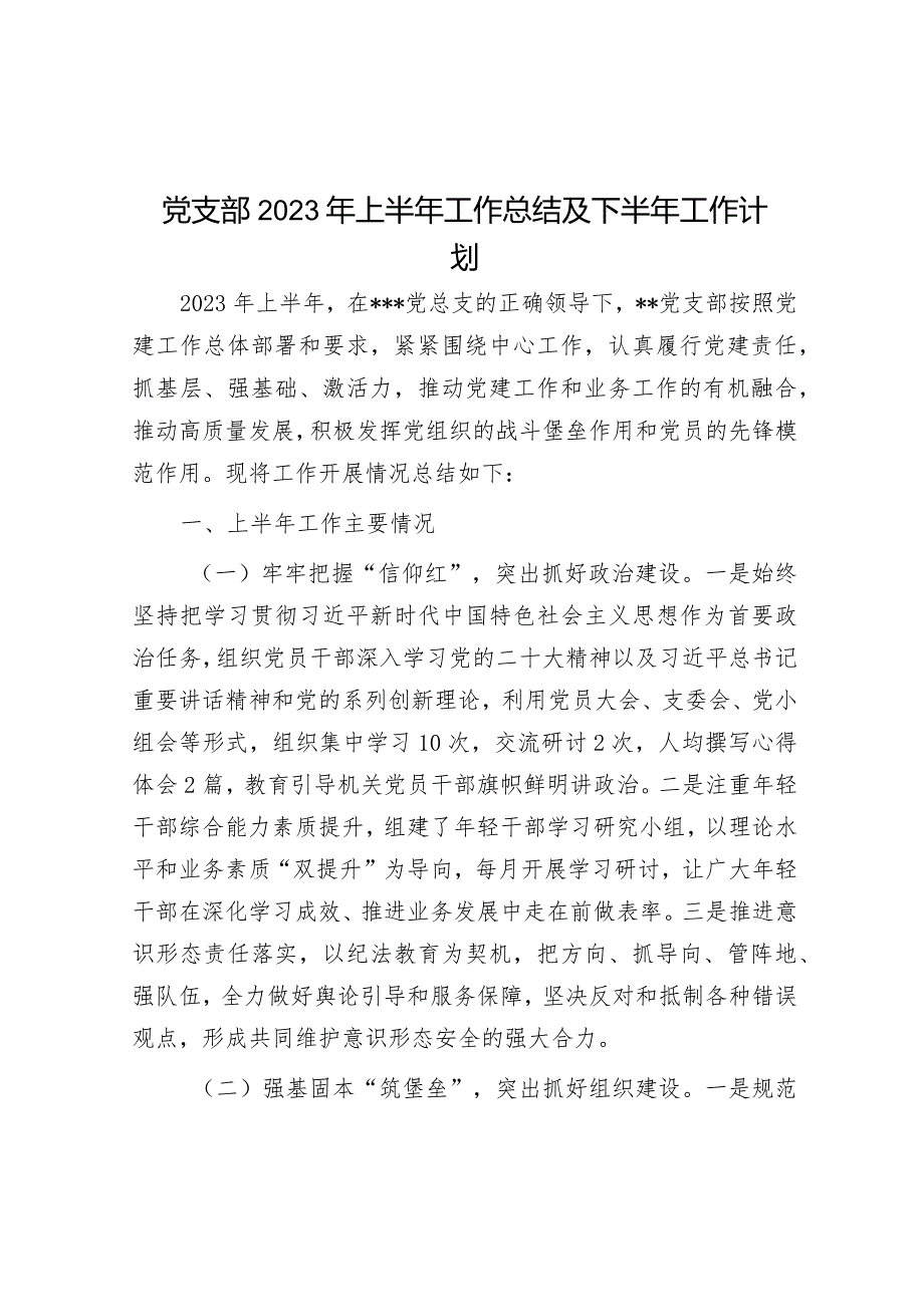 党支部2023年上半年工作总结及下半年工作计划.docx_第1页