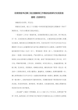 在局党组书记第二批主题教育工作推进会的研讨交流发言提纲.docx