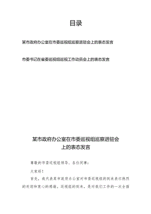 市政府办公室在市委巡视组巡察进驻会上的表态发言+市委书记在省委巡视组巡视工作动员会上的表态发言.docx