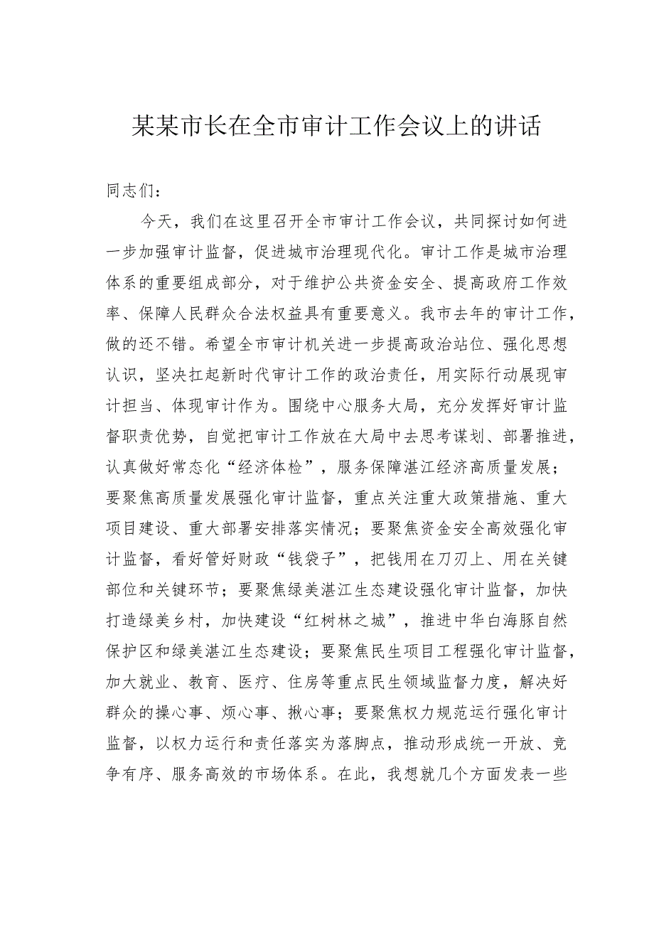 某某市长在全市审计工作会议上的讲话.docx_第1页