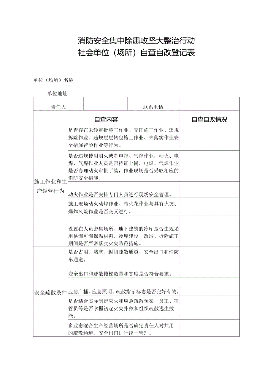 消防安全集中除患攻坚大整治行动社会单位（场所）自查自改登记表.docx_第1页