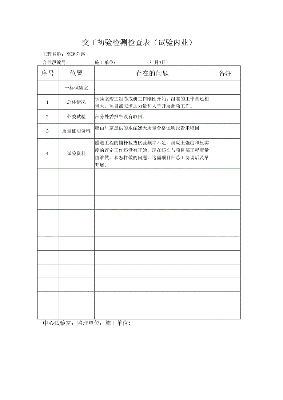 高速公路工程项目交工初验检测检查表(试验内业).docx_第1页