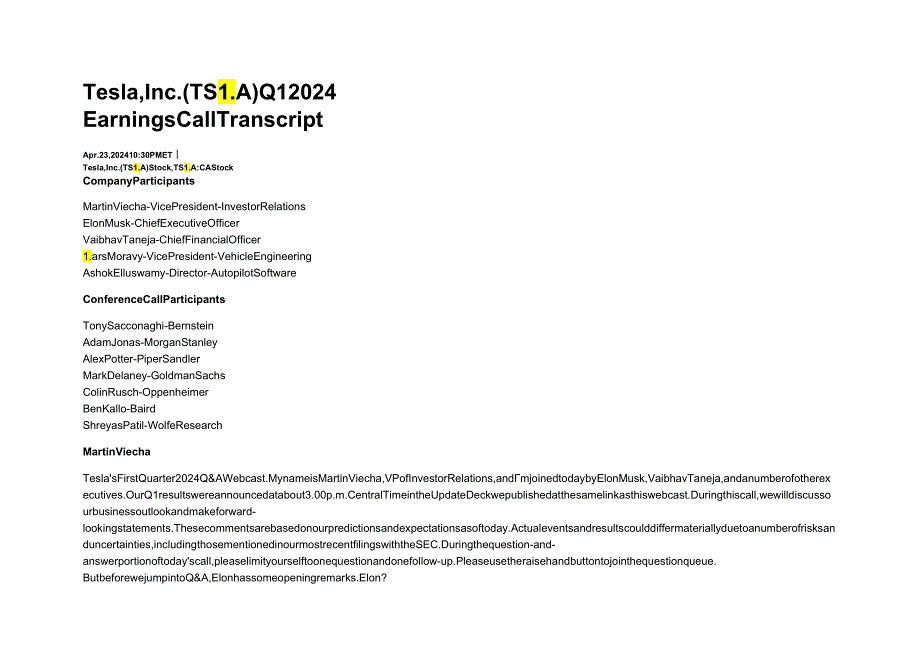 Tesla (TSLA) Q1 2024 Earnings Call Transcript财报电话会议记录.docx_第1页