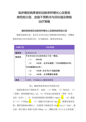 临床糖尿病患者的动脉粥样硬化心血管疾病危险分层、血脂干预靶点与目标值及降脂治疗策略.docx