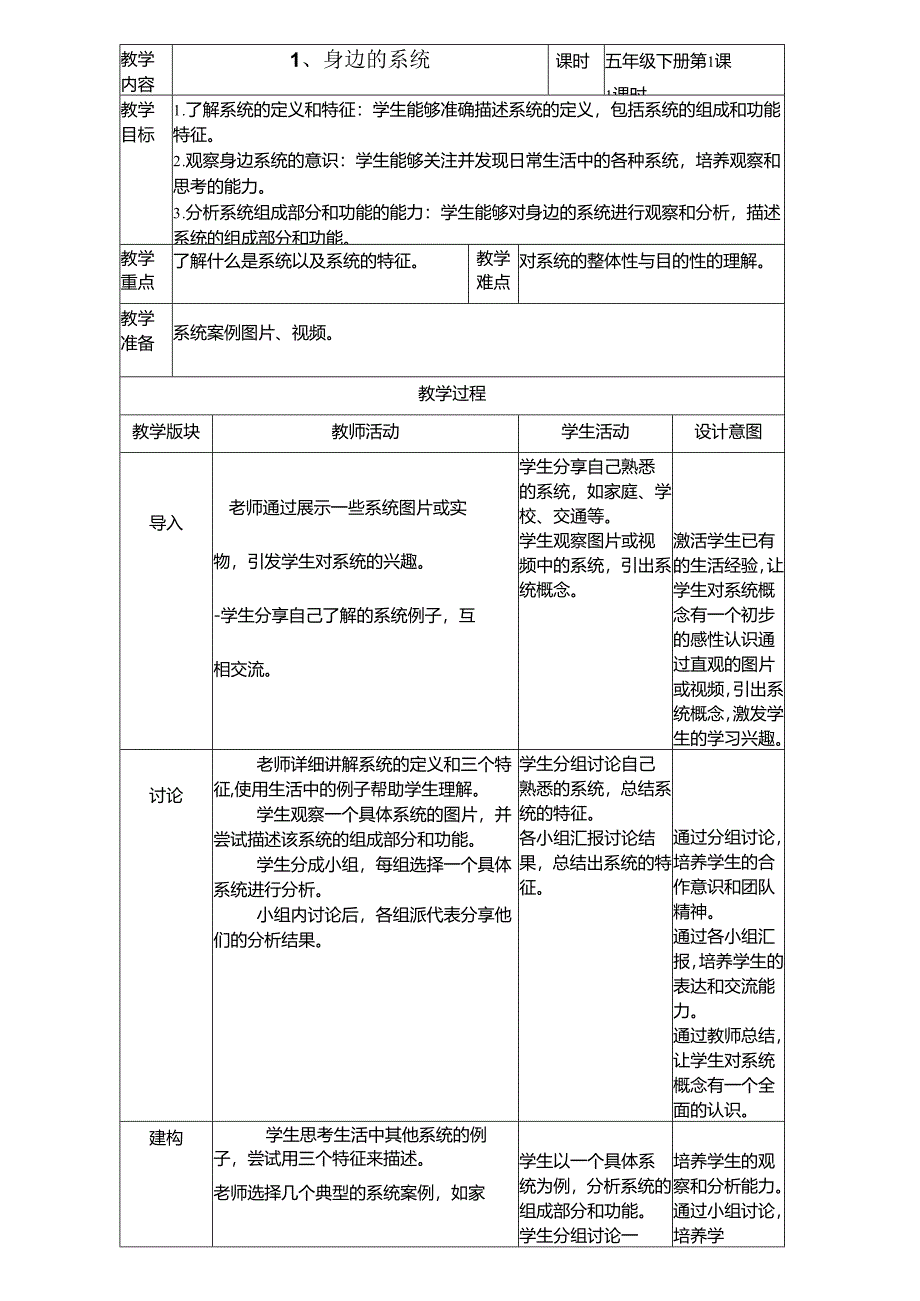 第1课 身边的系统 教案（表格式） 浙教版五年级信息科技下册.docx_第1页