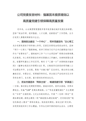 公司党委发言材料：强基固本+提质增效+以高质量党建引领保障高质量发展.docx