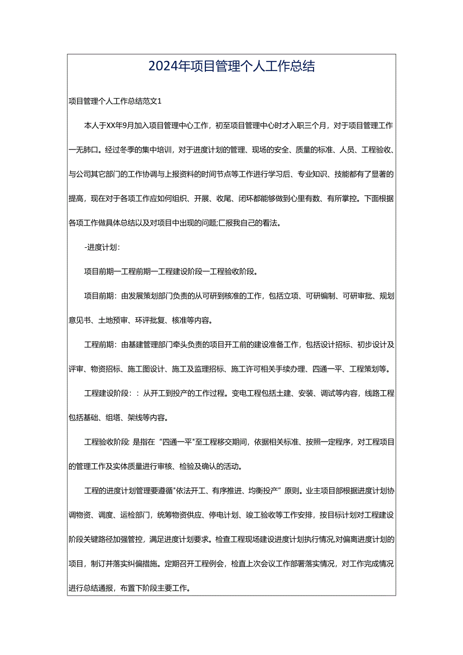 2024年项目管理个人工作总结.docx_第1页