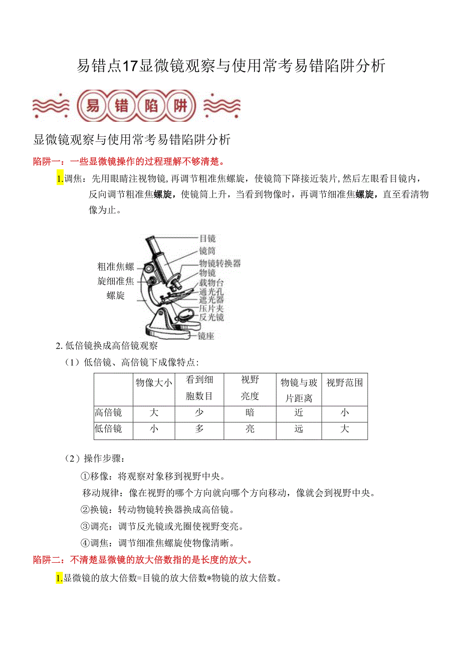 易错点17 显微镜观察与使用常考易错陷阱分析(解析版).docx_第1页