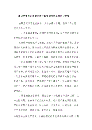 集团党委书记在党纪学习教育读书班上的研讨发言.docx