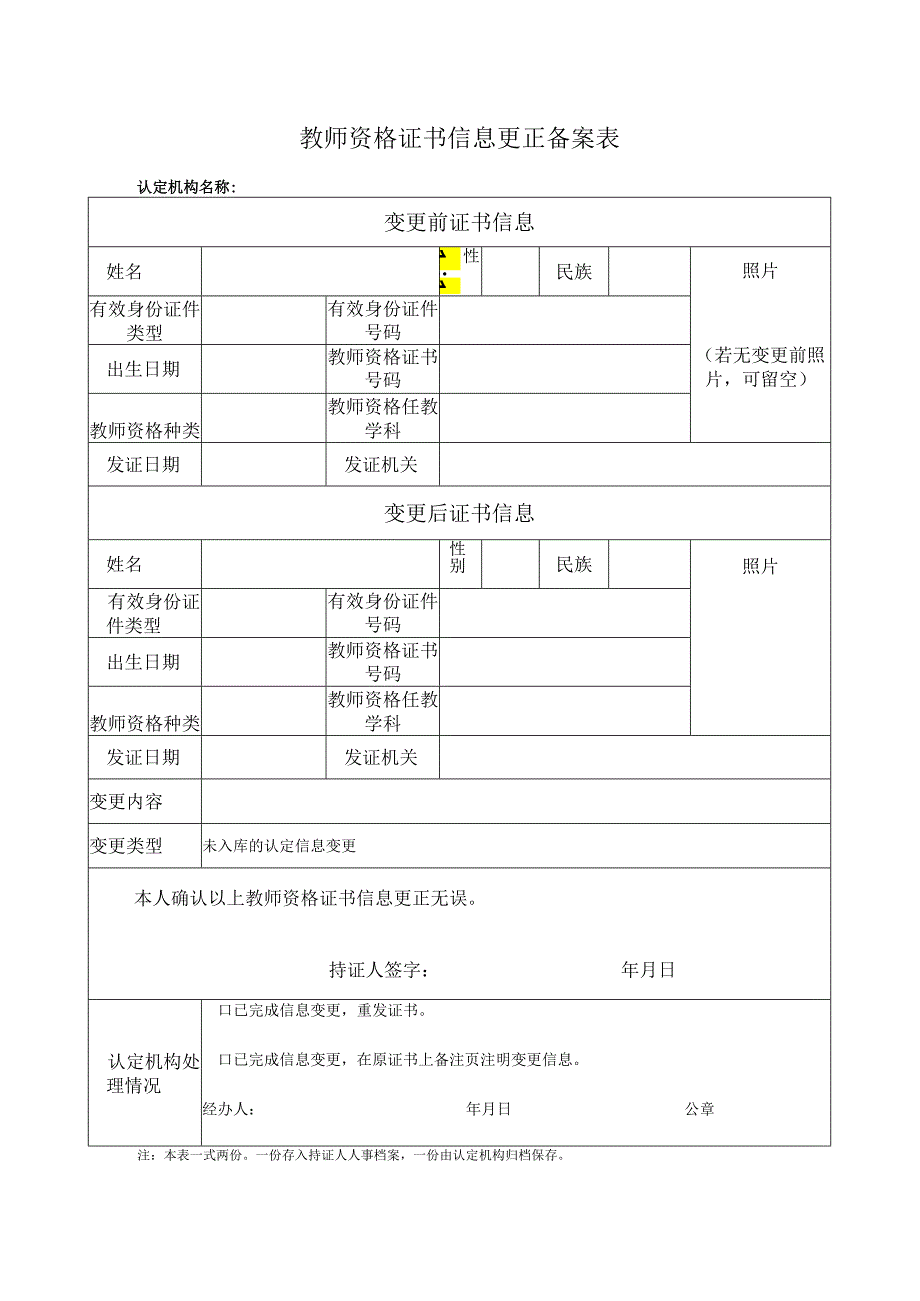 教师资格证书信息更正备案表(空白表).docx_第1页