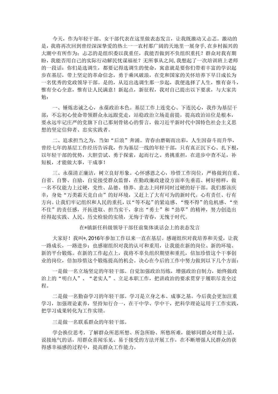 在镇新任科级领导干部任前集体谈话会上的表态发言(5篇).docx_第1页