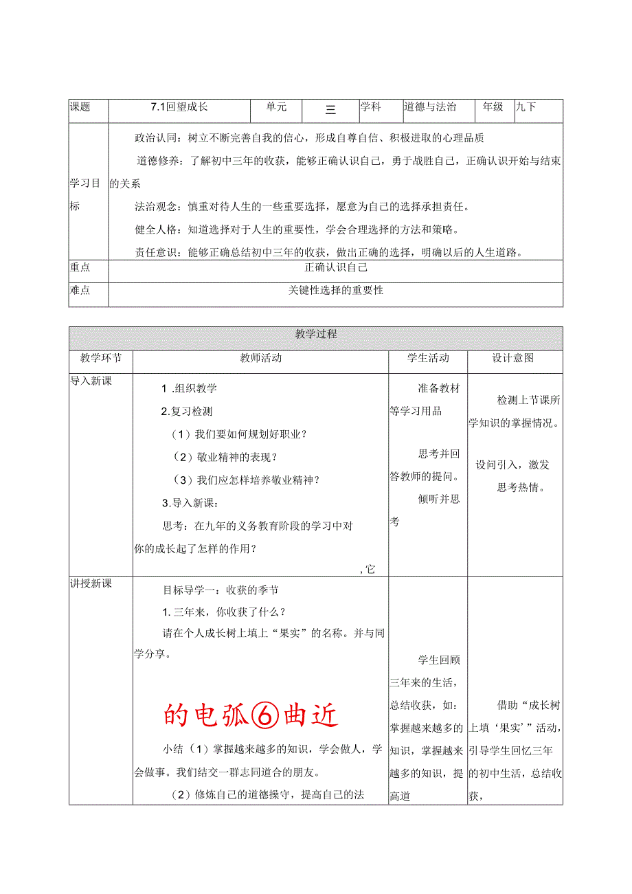 9年级下册道德与法治部编版教案第3单元《7.1 回望成长》.docx_第1页