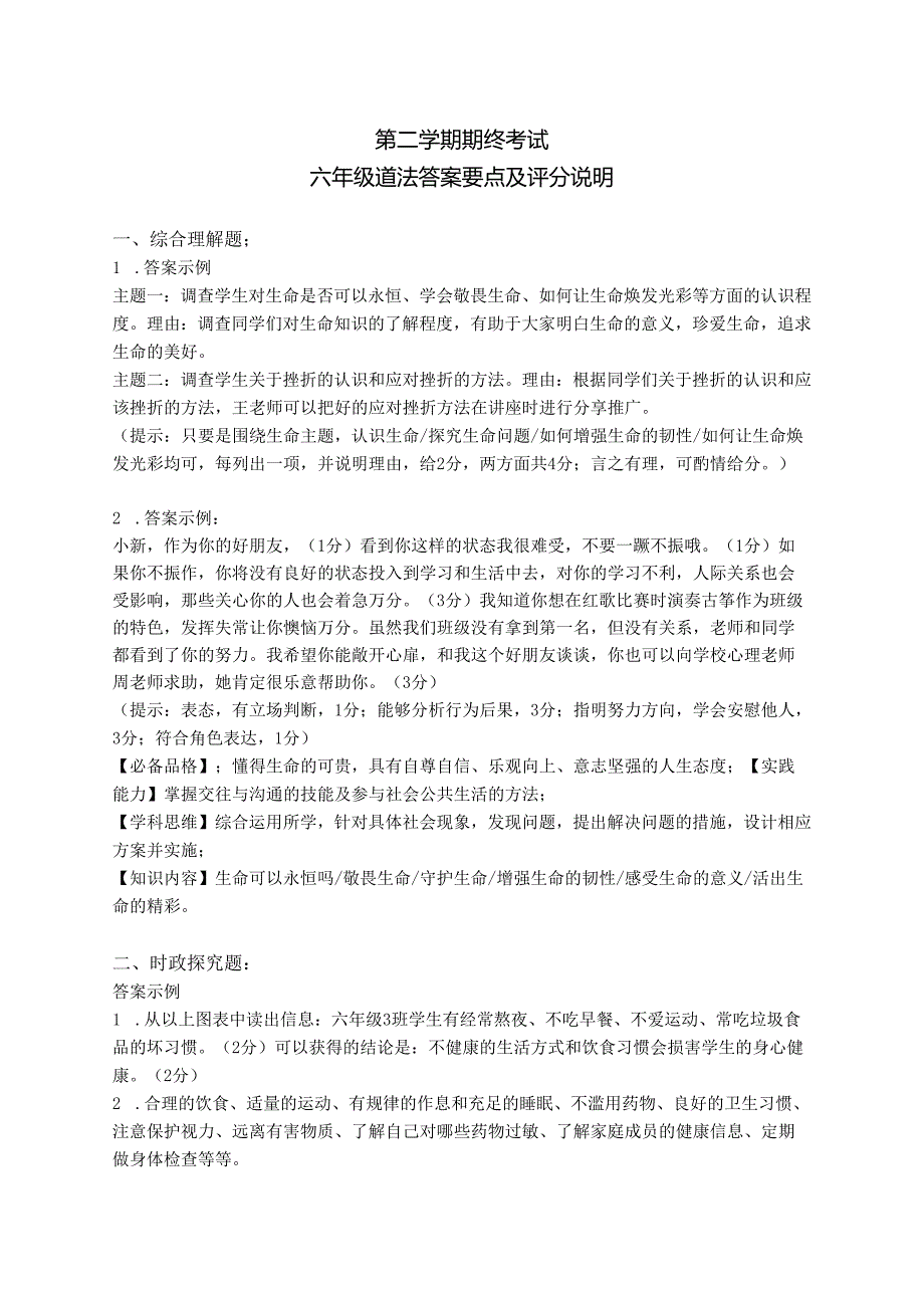 六年级第二学期期终考试道法答案.docx_第1页