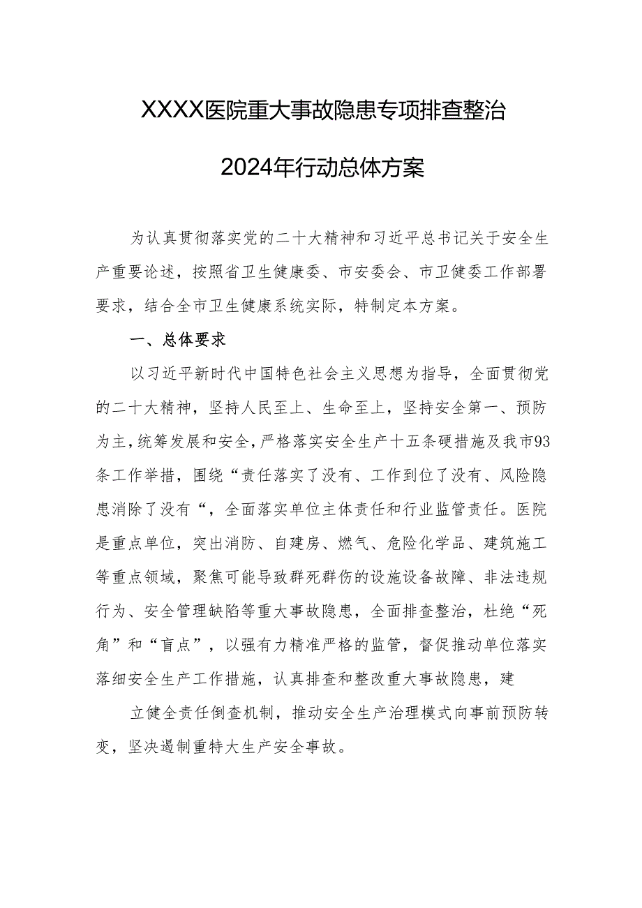 医院重大事故隐患专项排查整治2024年行动总体方案.docx_第1页