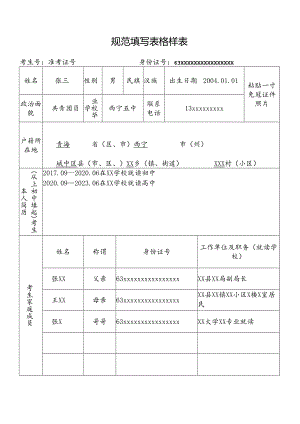 规范填写表格样表（2024年司法行政类院校司法行政警察类专业在青招生）.docx