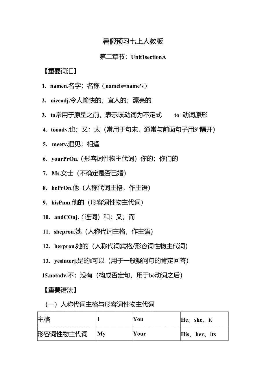 暑假预习人教版七年级上册预习Unit+1+section+A+.docx_第1页