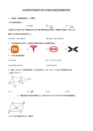2024深圳市宝安中学九年级6月适应性模拟考试（学生版+解析版）.docx