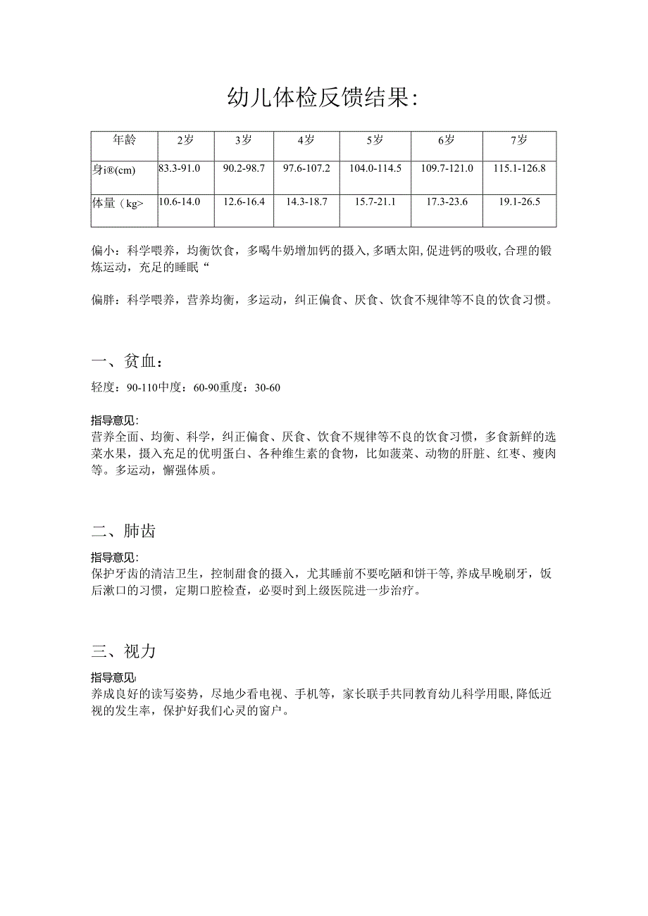 幼儿园体检反馈建议.docx_第1页