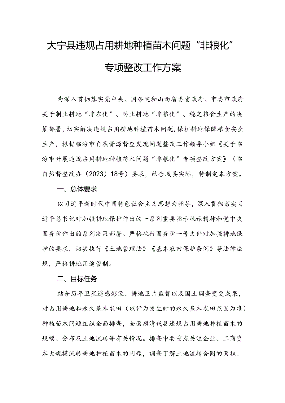 大宁县违规占用耕地种植苗木问题“非粮化”专项整改工作方案.docx_第1页