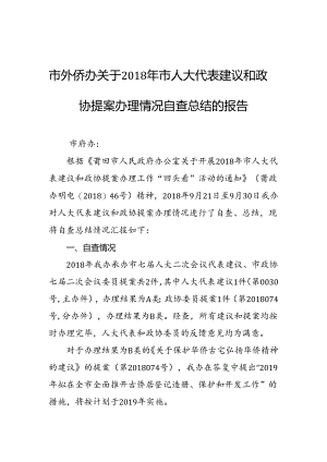 市外侨办关于2018年市人大代表建议和政协提案办理情况自查总结的报告.docx
