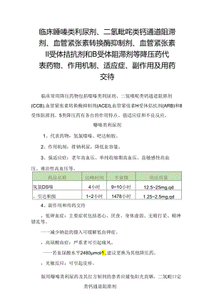 临床噻嗪类利尿剂、二氢吡啶类钙通道阻滞剂、血管紧张素转换酶抑制剂、血管紧张素Ⅱ受体拮抗剂和β受体阻滞剂等降压药代表药物、作用机制.docx