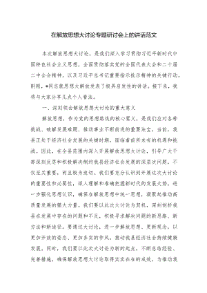 在解放思想大讨论专题研讨会上的讲话范文.docx