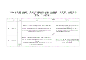 2024年党委（党组）党纪学习教育计划表（含党委、党支部、主题党日活动、个人自学）.docx