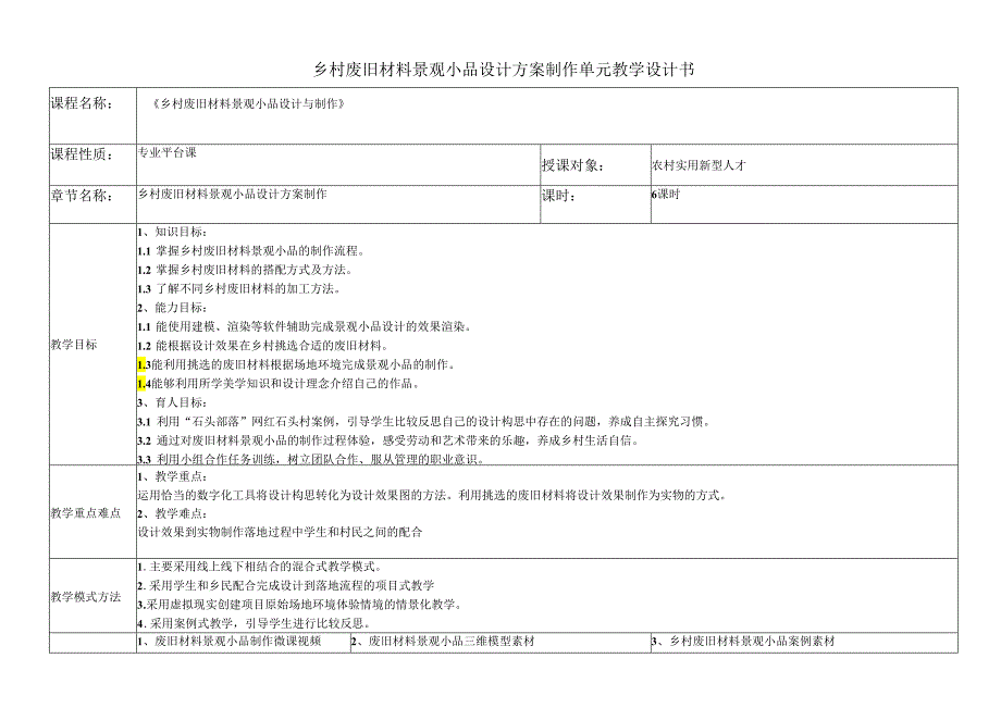 《乡村废旧材料景观小品设计与制作》单元教学设计-乡村废旧材料景观小品设计方案制作.docx_第1页