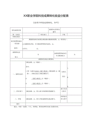 XX职业学院科技成果转化收益分配表（适用于科技成果转化、许可）（2024年）.docx