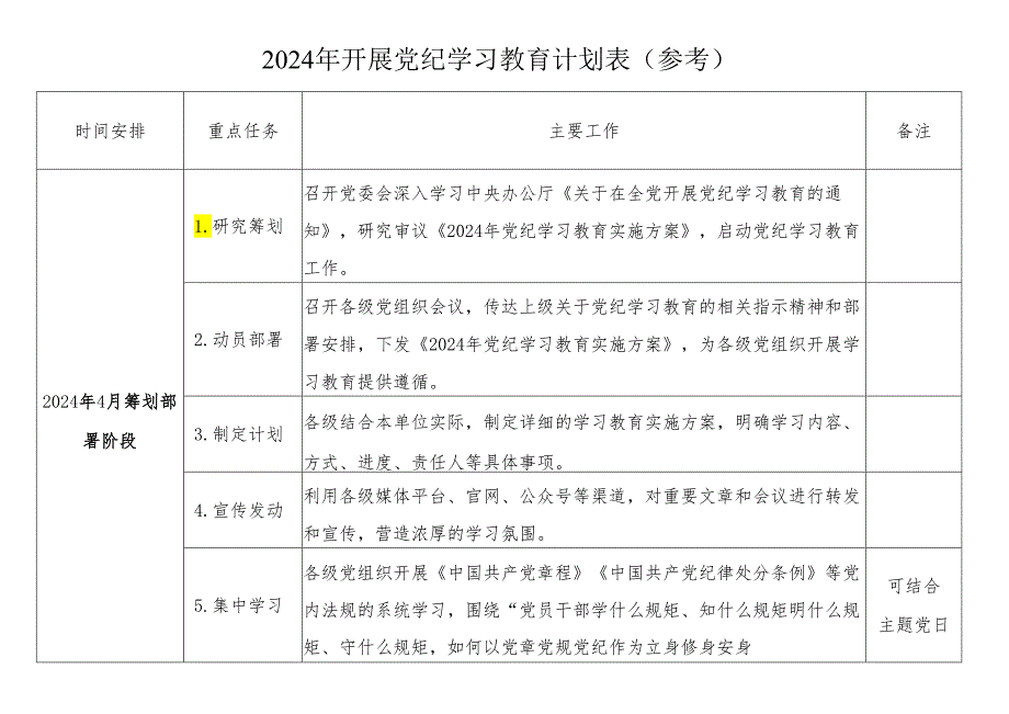 2024年开展党纪学习教育计划表(参考).docx_第1页