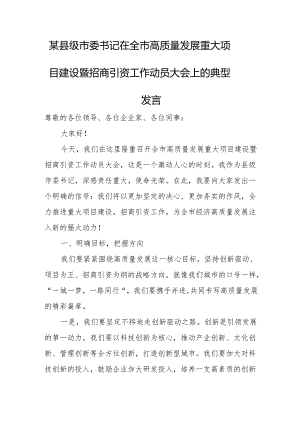 某县级市委书记在全市高质量发展重大项目建设暨招商引资工作动员大会上的典型发言.docx