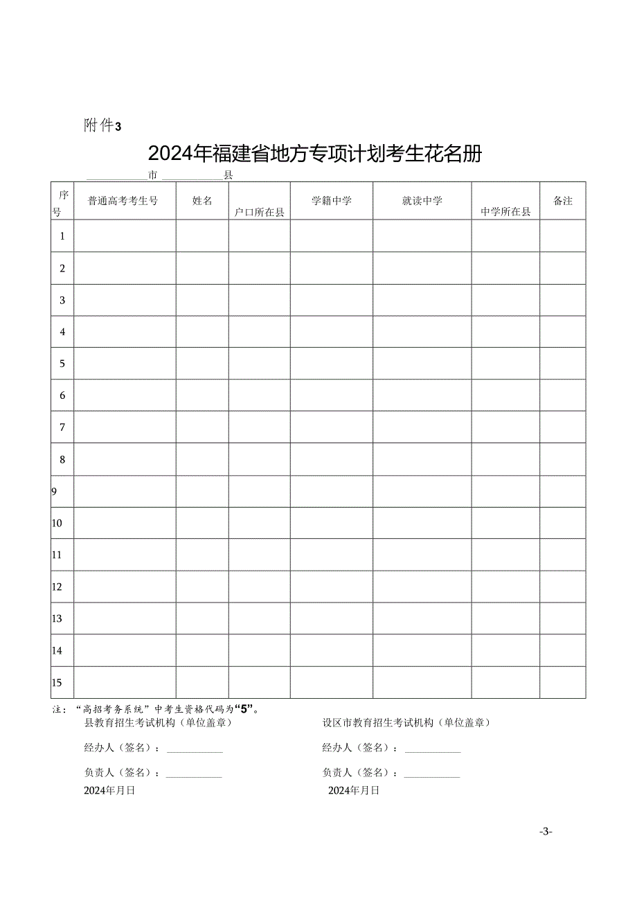 2024年福建省地方专项计划考生登记表(2024年).docx_第3页