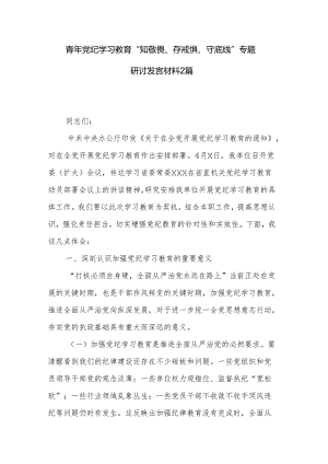 青年党纪学习教育“知敬畏、存戒惧、守底线”专题研讨发言材料2篇.docx