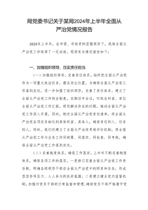 局党委书记关于某局2024年上半年全面从严治党情况报告.docx