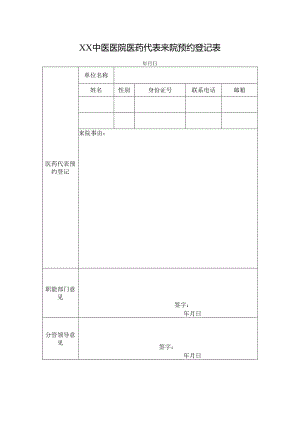 XX中医医院医药代表来院预约登记表（2024年）.docx