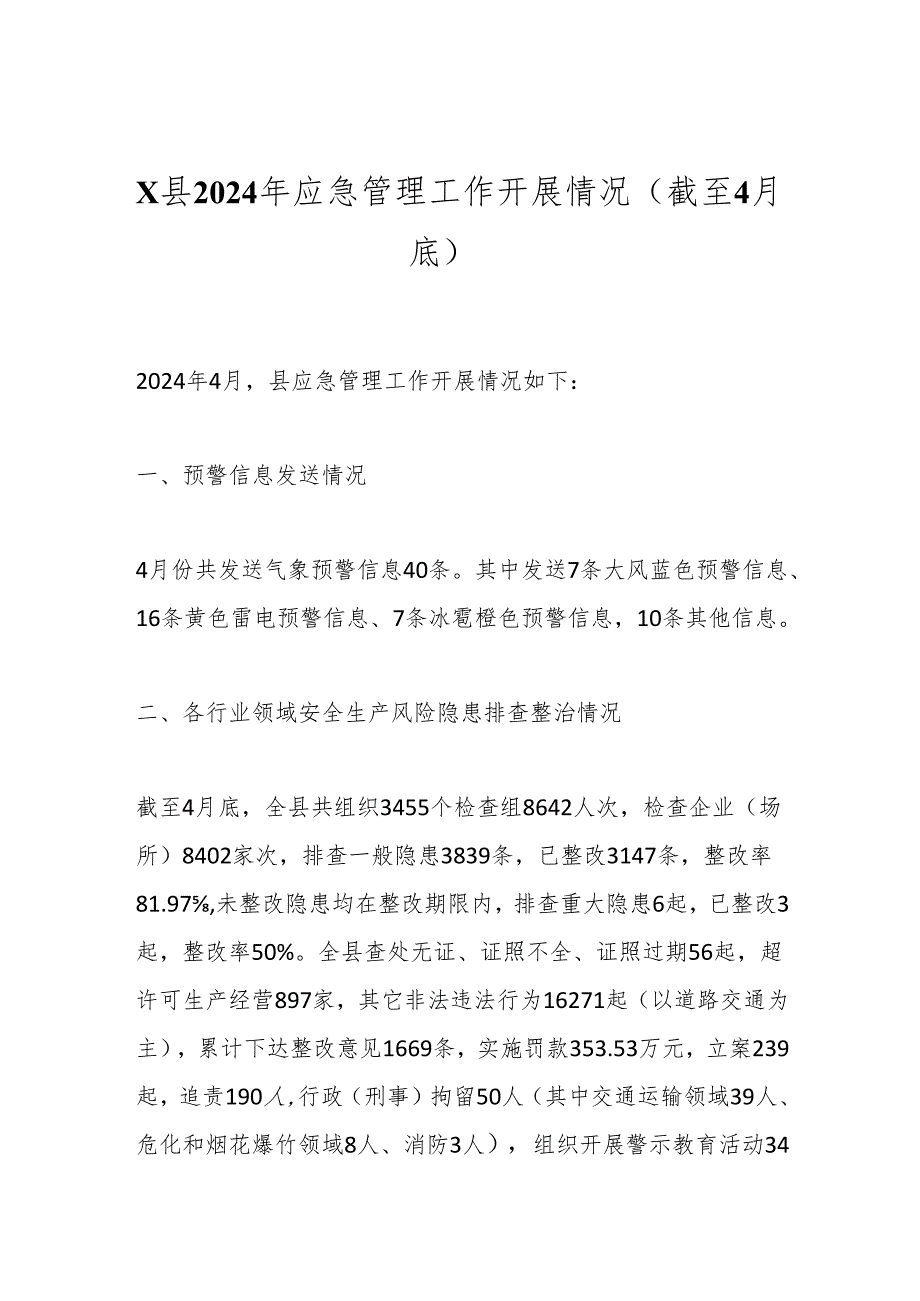 X县2024年应急管理工作开展情况(截至4月底).docx_第1页