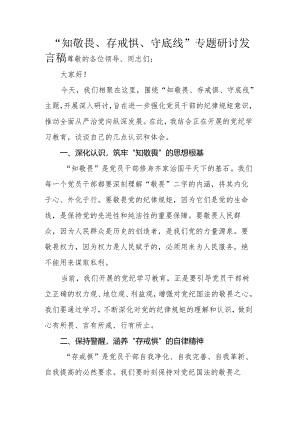“知敬畏、存戒惧、守底线”专题研讨发言稿.docx