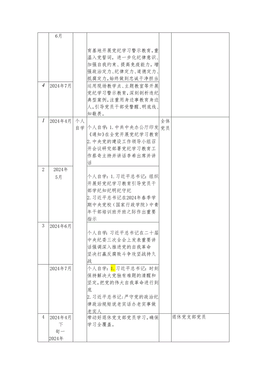 2024年党纪学习教育计划表（含党委、支部、主题党日、个人自学）.docx_第3页