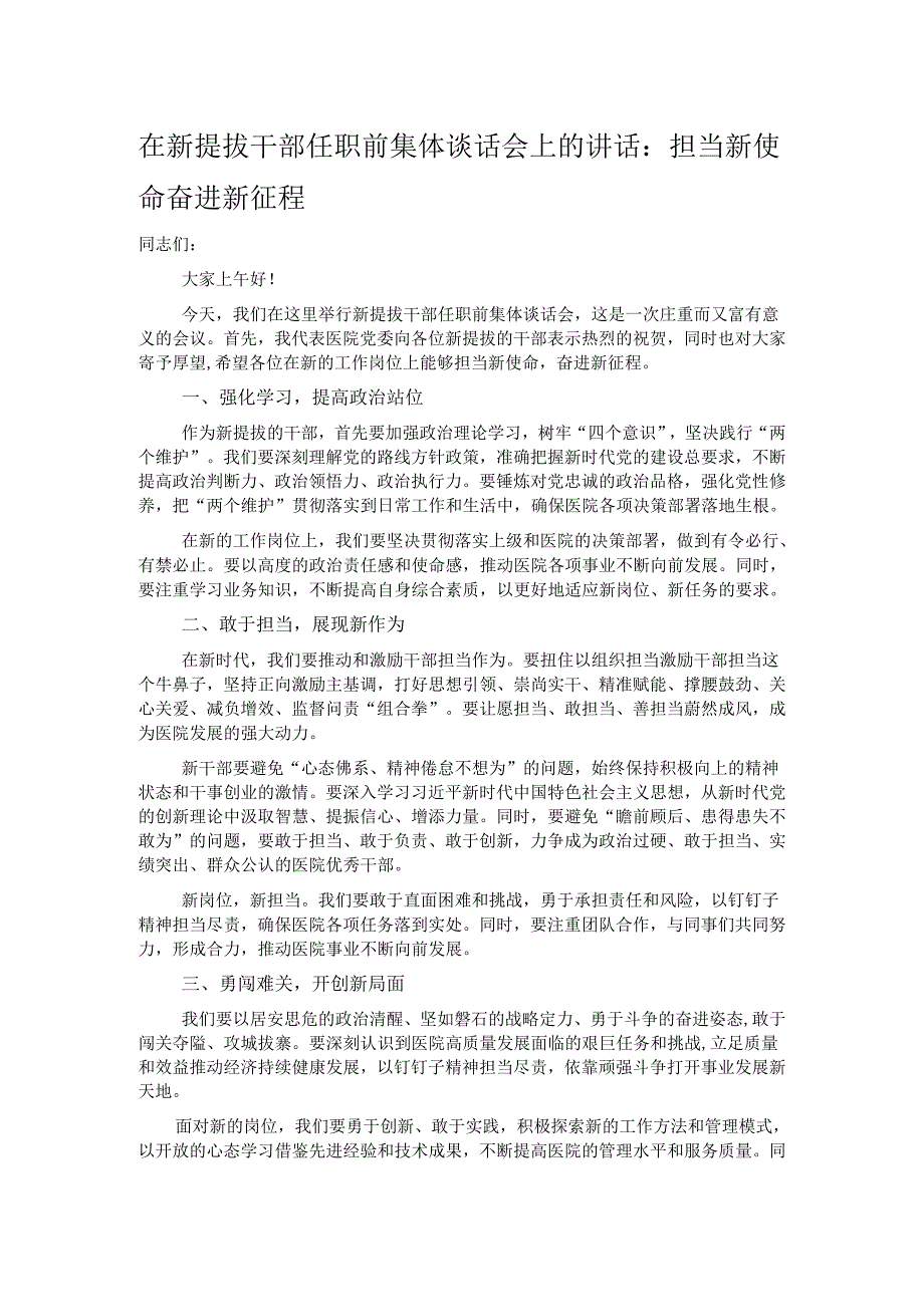 在新提拔干部任职前集体谈话会上的讲话：担当新使命 奋进新征程.docx_第1页