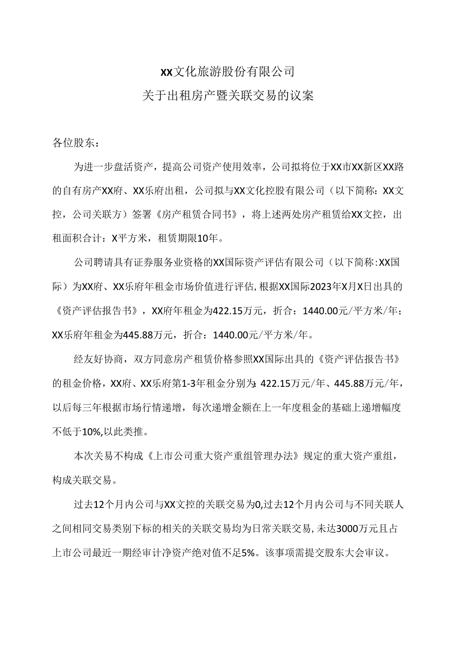 XX文化旅游股份有限公司关于出租房产暨关联交易的议案(2024年).docx_第1页