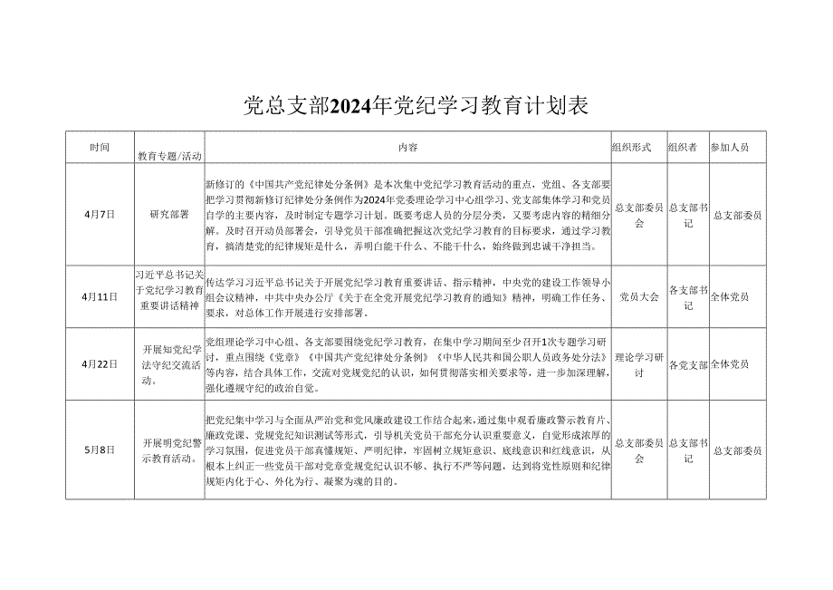 党纪学习教育学习计划安排表格_五篇合集.docx_第1页