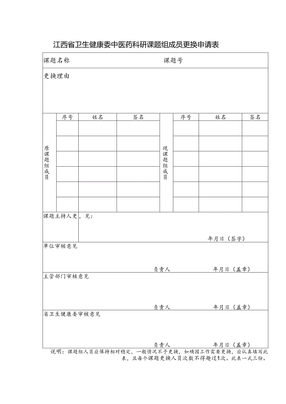 江西省卫生健康委中医药科研课题组成员更换申请表.docx_第1页