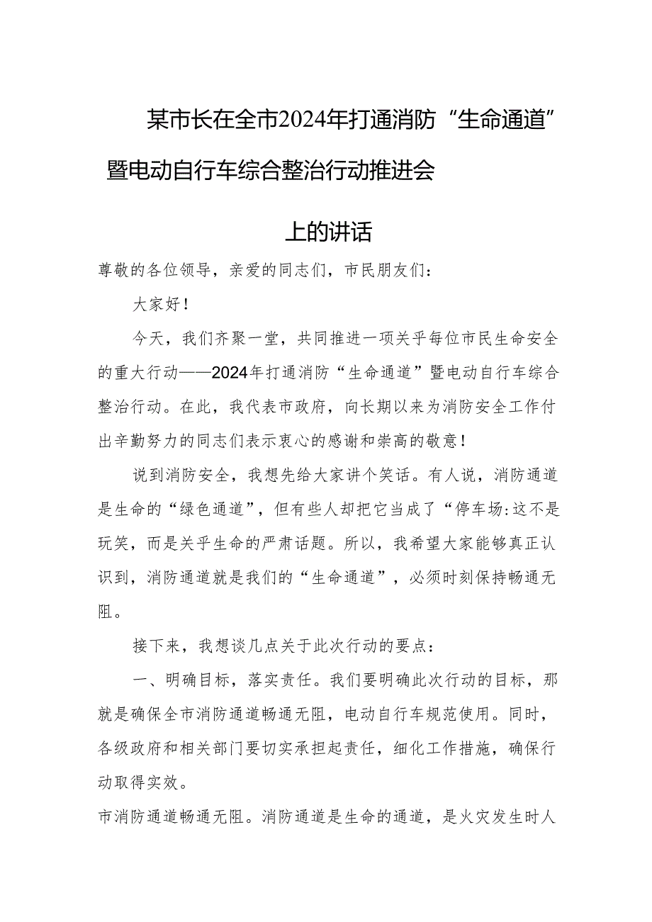某市长在全市2024年打通消防“生命通道”暨电动自行车综合整治行动推进会上的讲话.docx_第1页