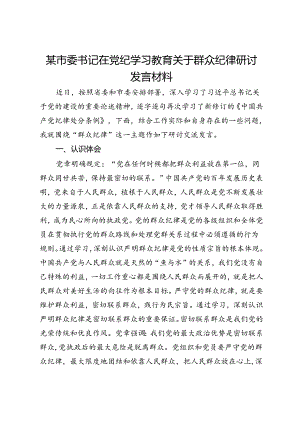 某市委书记在党纪学习教育关于群众纪律研讨发言材料.docx