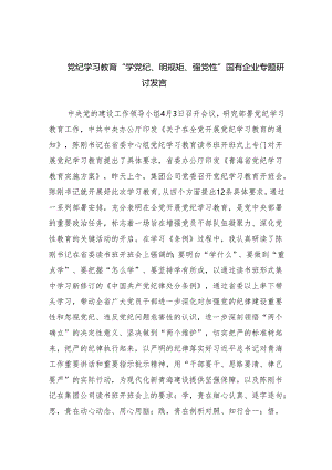 (六篇)党纪学习教育“学党纪、明规矩、强党性”国有企业专题研讨发言范文.docx